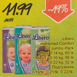 Allahindlus - Libero mähkmed Comfort Fit Jumbo-Pack *Maxi 7-14kg,60tk * Maxi+ 10-16kg, 56 tk * XL 12-22 kg,52 tk