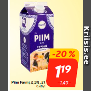 Allahindlus - Piim Farmi, 2,5%, 2 l