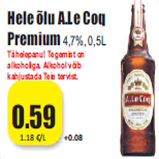 Allahindlus - Hele õlu A.Le Coq Premium4,7%, 0,5L