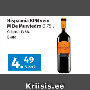 Allahindlus - Hispaania KPN vein M De Murviedro 0,75 l