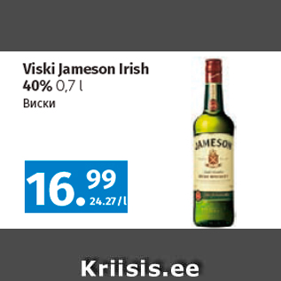 Allahindlus - Viski Jameson Irish 40% 0,7 l