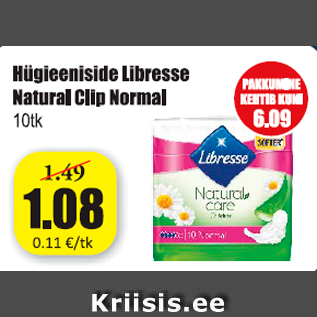 Allahindlus - Hügieeniside Libresse Natural Clip Normal 10 tk