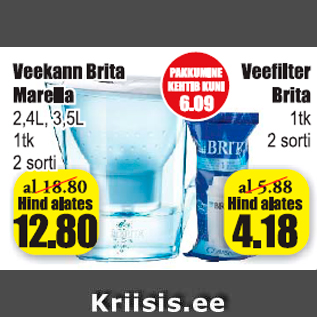 Allahindlus - Veekann Brita Marella, 2,4 l, 3,5 l / 1 tk / 2 sorti - 12,80; Veefilter Brita 1 tk / 2 sorti - 4,18