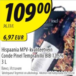 Allahindlus - Hispaania MPV-kvaliteetvein Conde Pinel Tempranillo BIB