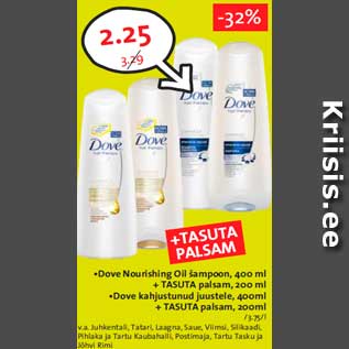 Allahindlus - •Dove Nourishing Oil šampoon, 400 ml + TASUTA palsam, 200 ml •Dove kahjustunud juustele, 400ml + TASUTA palsam, 200ml