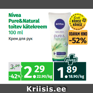 Allahindlus - Nivea Pure&Natural toitev kätekreem 100 ml