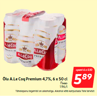 Allahindlus - Õlu A.Le Coq Premium 4,7%, 6 x 50 cl