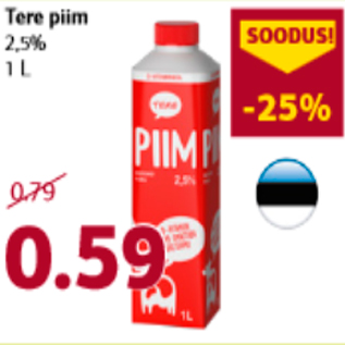 Allahindlus - Tere piim 2,5%, 1 l