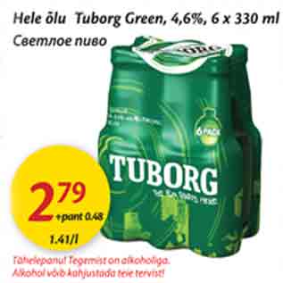 Allahindlus - Hele õlu Tuborg Green, 4,6%, 6 x 330 ml