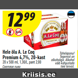 Allahindlus - Hele õlu A. Le Coq Premium 4,7%, 20-kast