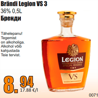 Allahindlus - Brändi Legion VS 3 36% 0,5L