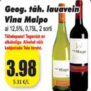 Allahindlus - Geog.täh.lauavein Vina Maipo al 12,5%, 0,75L, 2 sorti