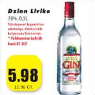 Allahindlus - Dzinn Liviko 38%,0,5 L