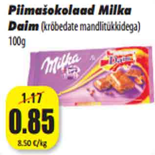 Allahindlus - Piimašokolaad Milka Daim(krõbedate mandlitükkidega) 100g