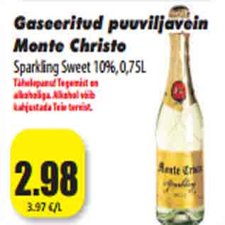 Allahindlus - Gaseeritud puuviljavein Monte Christo Sparkling Sweet 10%, 0,75L