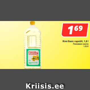 Allahindlus - Rimi Basic rapsiõli, 1,8 l