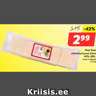 Allahindlus - Rimi Basic viilutatud juust Edam, 40%, 800 g