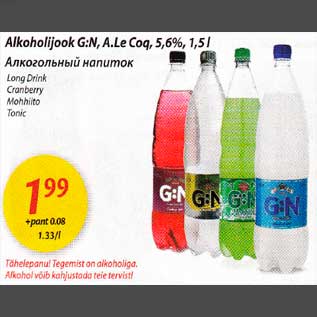 Allahindlus - Alkoholijook G:N, A.Le Cog, 5,6%, 1,5l *Long Drink *Cranberry *Mohhiito *Tonic