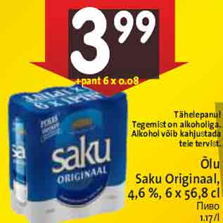 Allahindlus - Õlu Saku Originaal, 4,6 %, 6 x 56,8 cl