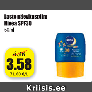 Allahindlus - Laste päevituspiim Nivea SPF30, 50 ml