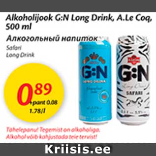 Allahindlus - Alkohoolne G:N Long Drink, A.Le Cog, 500 ml