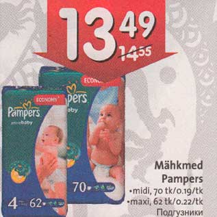 Allahindlus - Mähkmed Pampers .midi, 70 tk/0.19/tk .maxi, 62tk/0,22/tk