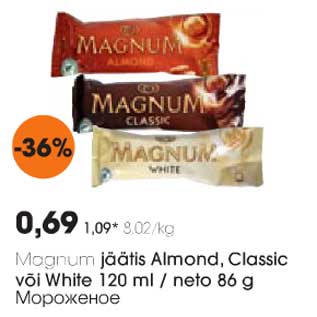 Allahindlus - Magnum jäätis Almond, Classic või White