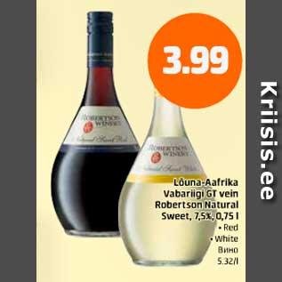 Allahindlus - Lõuna-Aafrika Vabariigi GT vein Robertson Natural Sweet, 7,5%, 0,75 l