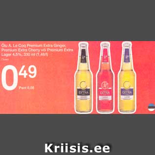 Allahindlus - Õlu A.Le Coq Premium Extra Ginger, Premium Extra Cherry või Premium EExtra Lager