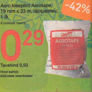 Allahindlus - Aero kleeplint Aerotape, 19 mm x 33 m, läbipaistev, 1 tk