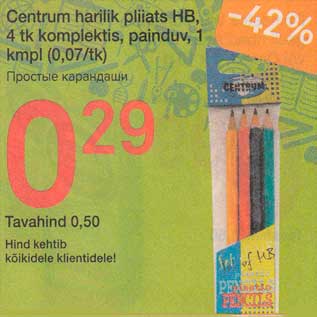 Allahindlus - Centrum harlik pliiats HB, 4 tk komplektis, painduv, 1 kmpl