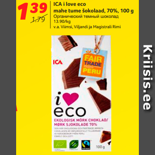 Allahindlus - ICA i love eco mahe tume šokolaad, 70%, 100 g