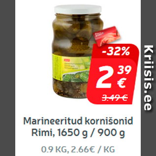 Allahindlus - Marineeritud kornišonid Rimi, 1650 g / 900 g