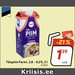 Allahindlus - Täispiim Farmi, 3,8 - 4,2%, 2 l