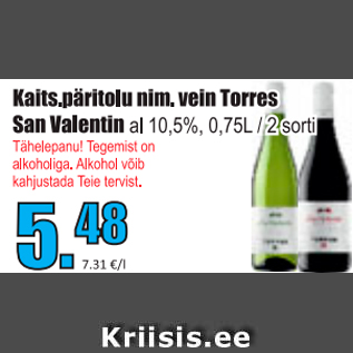 Allahindlus - Kaits. päritolunim. vein Torres San Valentin