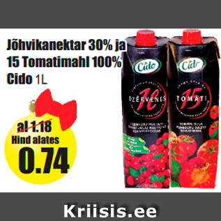 Allahindlus - Jõhvikanektar 30% ja 15 Tomatimahl 100% Cido 1L