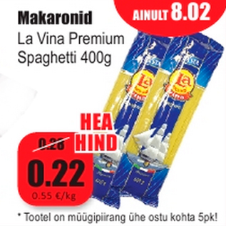 Allahindlus - Makaronid La Vina Premium Spaghetti 400g