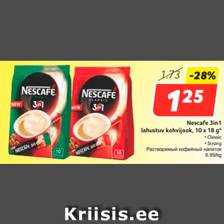 Allahindlus - Nescafe 3in1 lahustuv kohvijook, 10 x 18 g*