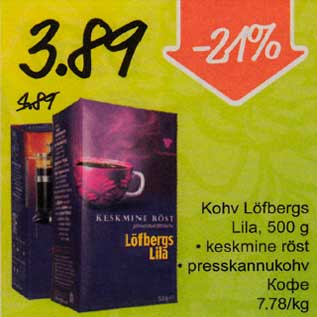 Allahindlus - Kohv Löfbergs Lila, 500g *keskmine rõst *presskannukohv