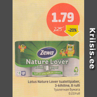 Allahindlus - Lotus Nature Lover tualettpaber, 3-kihiline, 8 rulli