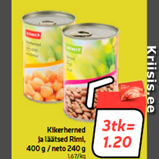 Allahindlus - Kikerherned ja läätsed Rimi, 400 g / neto 240 g