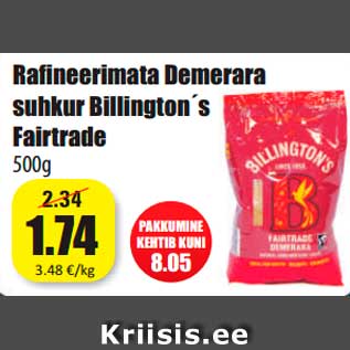 Allahindlus - Rafineerimata Demerara suhkur Billington´s Fairtrade 500g