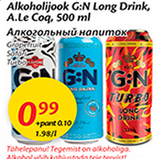 Allahindlus - Alkohoolijook G:N Long Drink, A.Le Coq, 500 ml