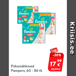 Allahindlus - Püksmähkmed Pampers, 60 - 86 tk