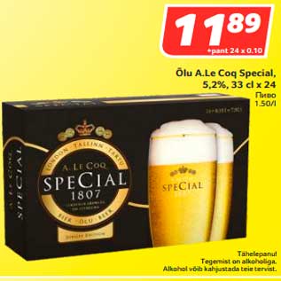 Allahindlus - Õlu A.Le Coq Special, 5,2%, 33 cl x 24