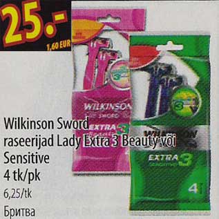 Allahindlus - Wilkinson Sword raseerijad Lady Extra 3 Beauty või Sensitive