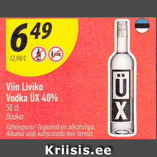 Allahindlus - Viin Liviko Vodka ÜX 40% 50 cl