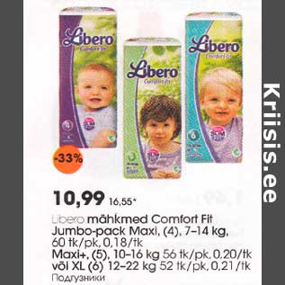 Allahindlus - Libеrо mähkmеd comfort Fit Jumbo-pack Maxi, (4),7-14 kg,60 tk/pk, 0,l8/tk Maxi+, (5), 10-16 kg 56 tk/pk. 0.20/tk või XL(6) 12-22kg52tk/pk,0,21 /tk