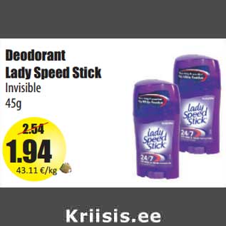 Allahindlus - Deodorant Lady Speed Stick Invisible 45g