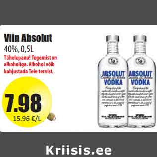 Allahindlus - Viin Absolut 40%, 0,5L